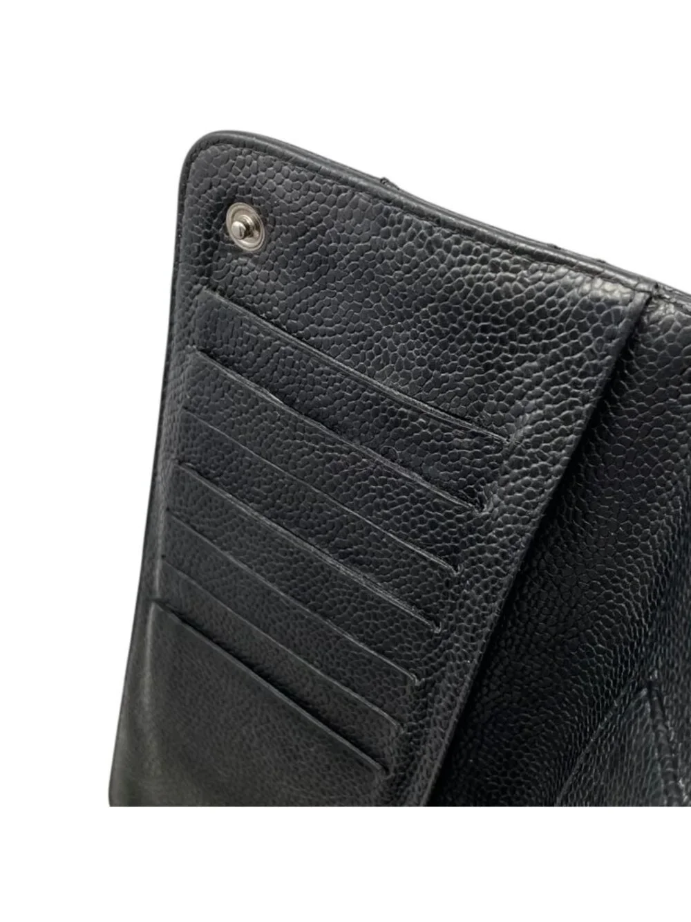Chanel 2 Fold Wallet Wild Stitch Quilted Caviar Leather CC Logo Black Silver